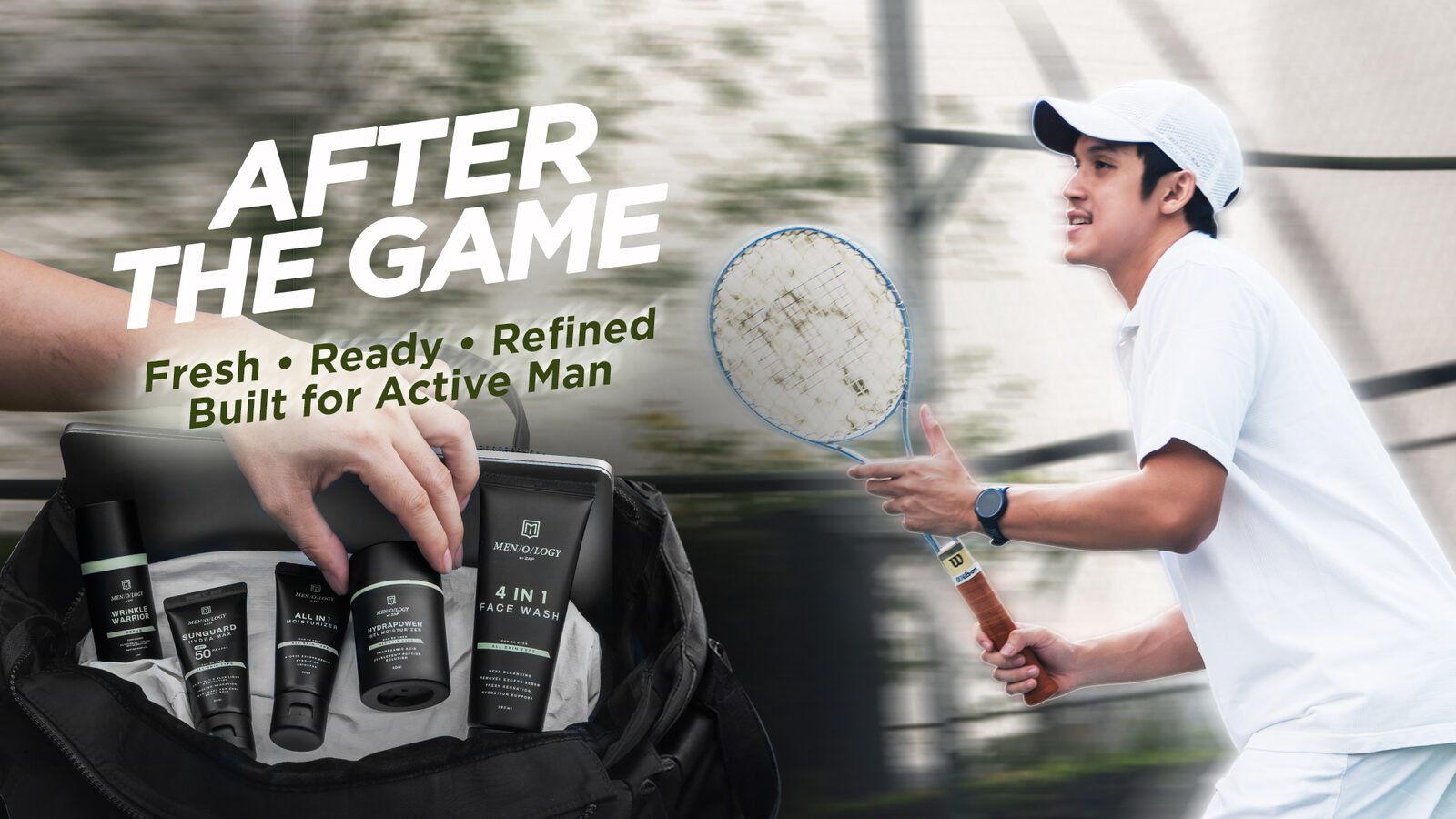 Rangkaian MEN/O/LOGY di tas olahraga di lapangan tenis — After the Game: fresh, ready, refined untuk pria aktif